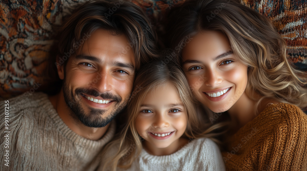 Family Portrait: Close-up portrait of a loving family, a young daughter and her parents, beaming with joy and happiness. The image captures the warmth, love, and connection that defines family. Family Portrait: Close-up portrait of a loving family, a young daughter and her parents, beaming with joy and happiness. The image captures the warmth, love, and connection that defines family.