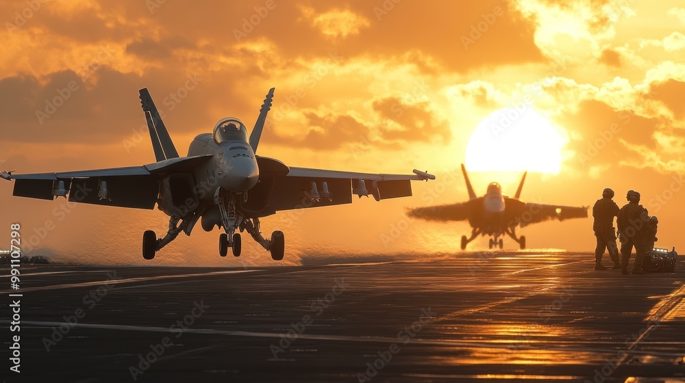 Fighter jet taking off from an aircraft carrier at sunset. Fighter jet taking off from an aircraft carrier at sunset.