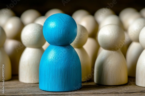 Business leader with crowd of wooden men. Leadership, teamwork, teamwork, human resource management concepts.