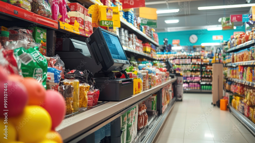A self-checkout area in a grocery store, where customers are independently scanning and paying for their items, with assistance available from a cashier on standby A self-checkout area in a grocery store, where customers are independently scanning and paying for their items, with assistance available from a cashier on standby