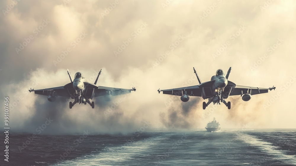 Two fighter jets flying low over the ocean with a ship in the background. Two fighter jets flying low over the ocean with a ship in the background.