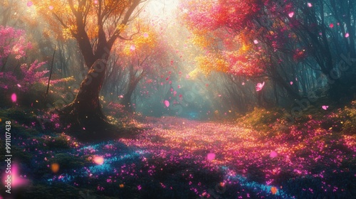 An enchanted forest during the 'hoa hoa hoa season,' with trees draped in vibrant, glowing blooms. 