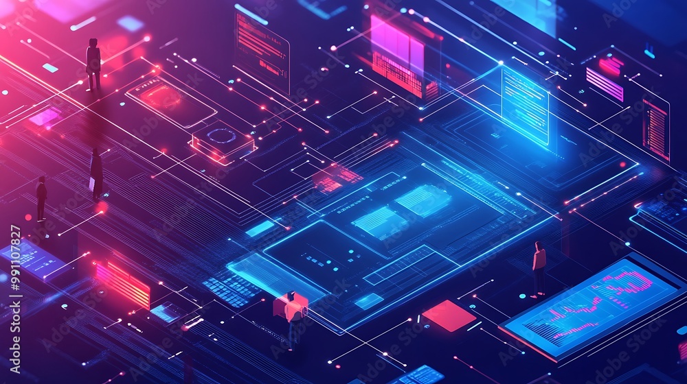 Abstract isometric illustration of a digital network with people and data. Abstract isometric illustration of a digital network with people and data.