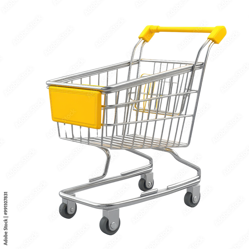 A shiny metallic shopping cart with a bright yellow handle, ideal for retail or grocery store imagery., isolated on a transparent background. A shiny metallic shopping cart with a bright yellow handle, ideal for retail or grocery store imagery., isolated on a transparent background.