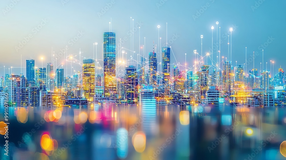 Obraz premium Abstract buildings and city background showing wireless network technology