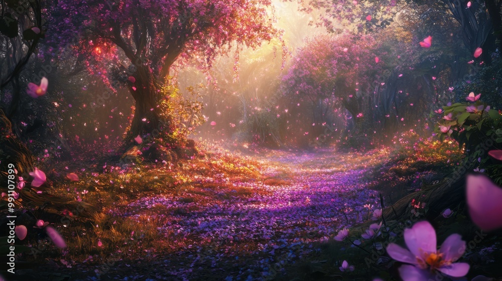 An enchanted forest during the 'hoa hoa hoa season,' with trees draped in vibrant, glowing blooms. An enchanted forest during the 'hoa hoa hoa season,' with trees draped in vibrant, glowing blooms.