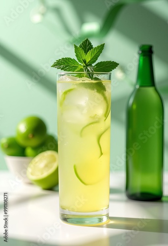 Refreshing Lime and Mint Cocktail with Ice and a Green Bottle