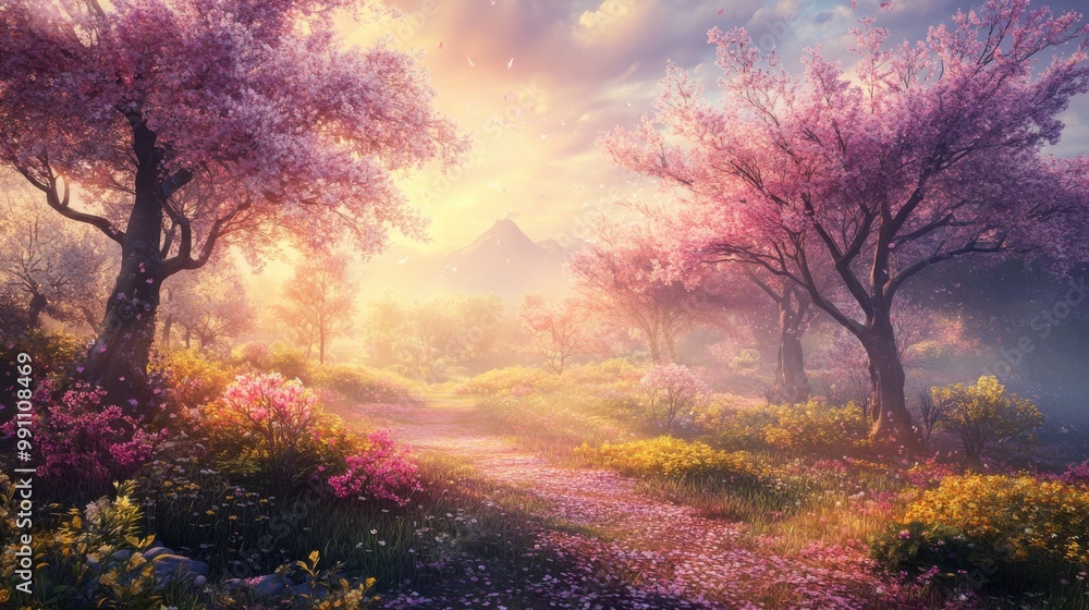 An enchanted forest during the 'hoa hoa hoa season,' with trees draped in vibrant, glowing blooms. An enchanted forest during the 'hoa hoa hoa season,' with trees draped in vibrant, glowing blooms.