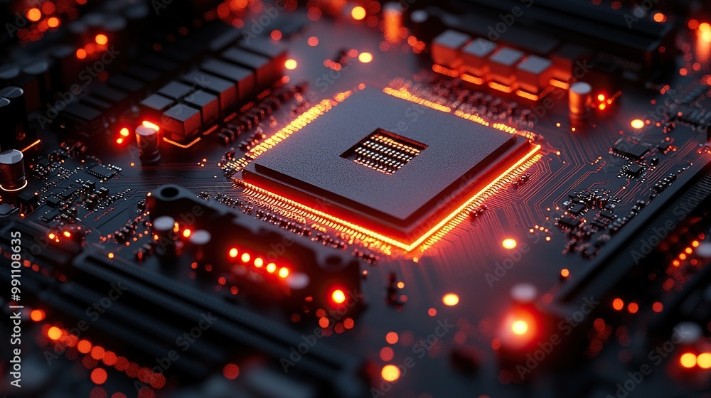 A computer motherboard featuring intricate electronic circuit connections. A computer motherboard featuring intricate electronic circuit connections.