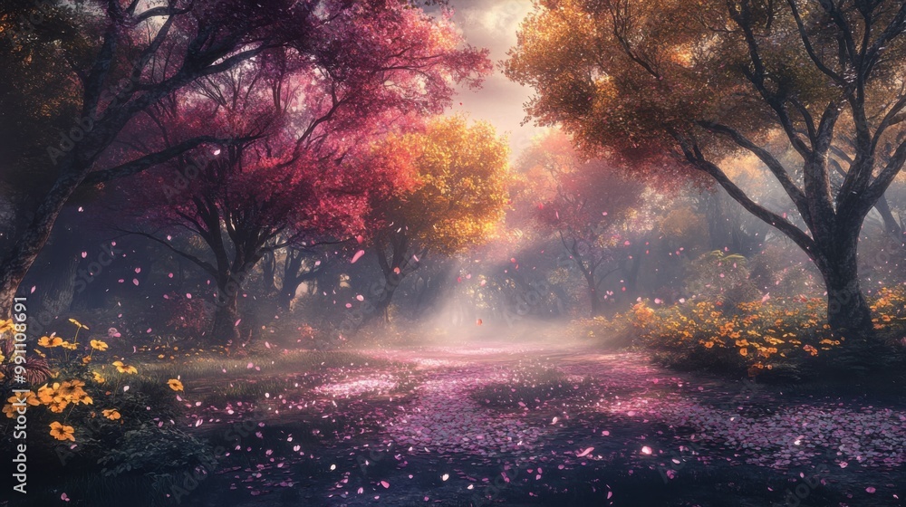 A tranquil grove in the 'hoa hoa hoa season,' with trees heavy with glowing, multi-colored blooms. A tranquil grove in the 'hoa hoa hoa season,' with trees heavy with glowing, multi-colored blooms.