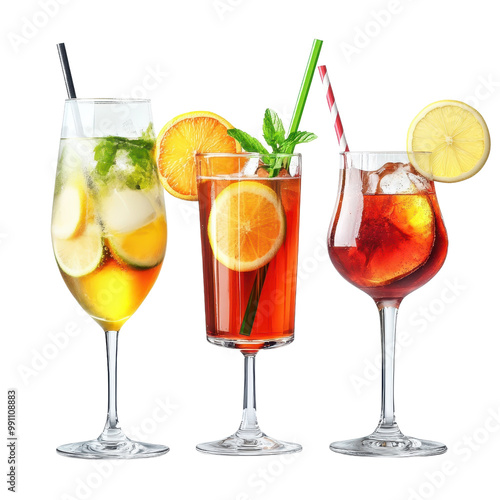 A vibrant assortment of refreshing cocktails with citrus garnishes, perfect for summer gatherings and celebrations., isolated on a transparent background. photo