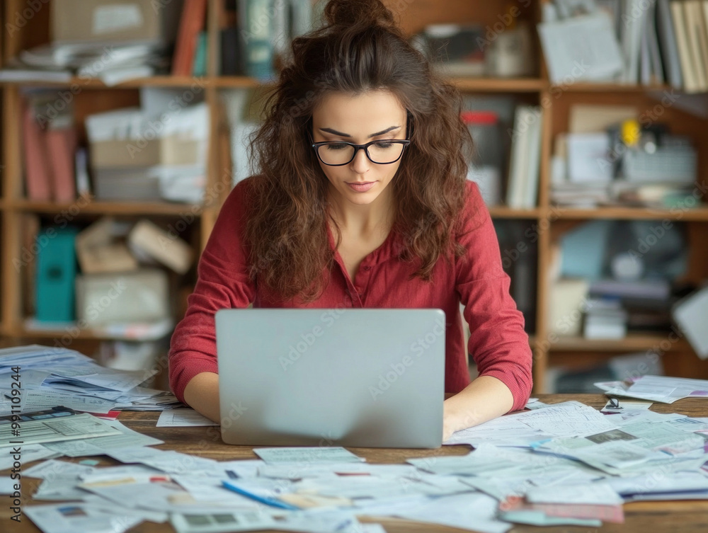 An individual managing their money by reviewing a detailed budget, surrounded by financial documents, receipts, and an open laptop An individual managing their money by reviewing a detailed budget, surrounded by financial documents, receipts, and an open laptop