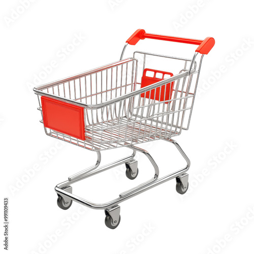 A vibrant shopping cart with a red handle, perfect for retail and grocery store imagery, emphasizing consumerism and shopping.