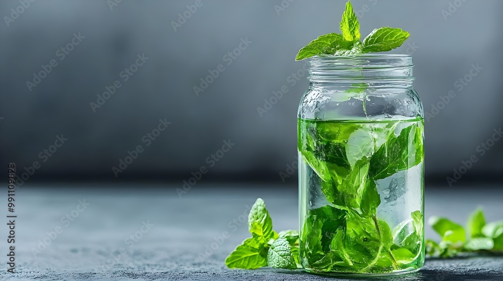 Fresh mint leaves in a jar with water on a rustic background. Fresh mint leaves in a jar with water on a rustic background.