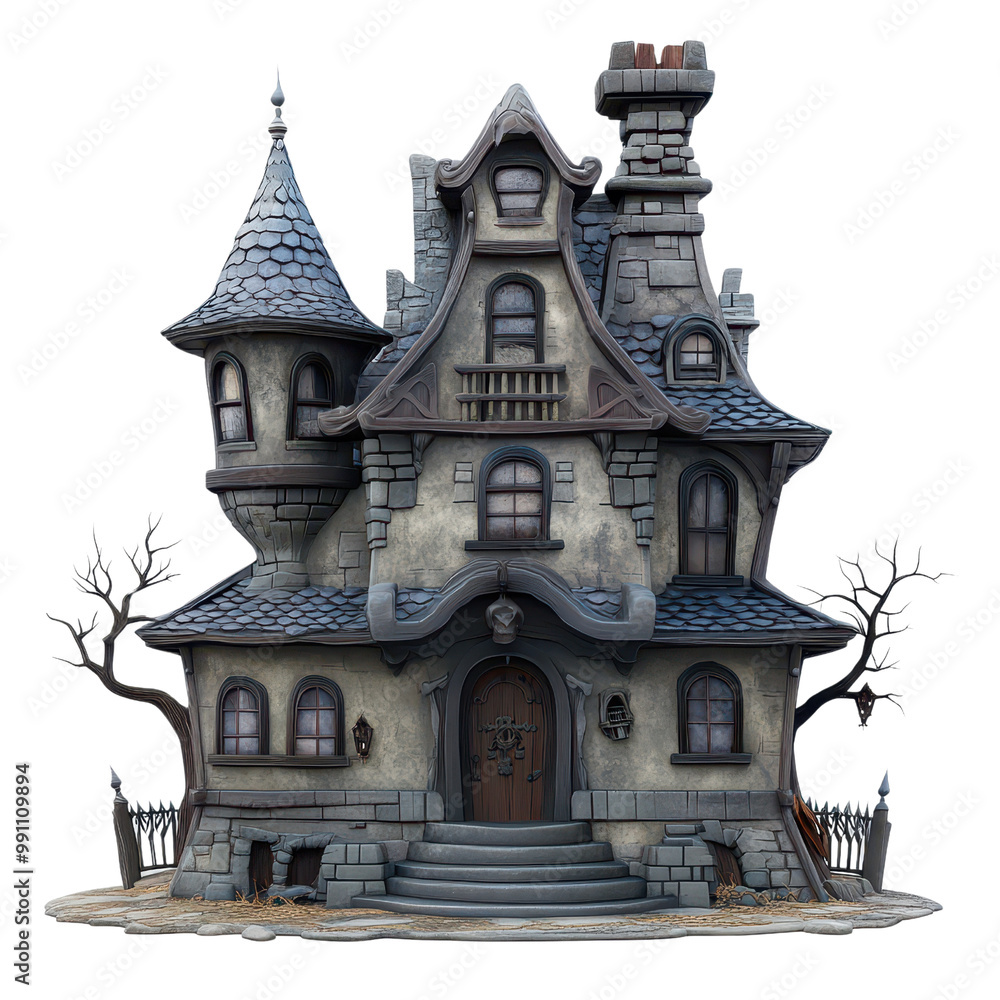 A whimsical, haunted house with unique architecture and spooky charm, perfect for Halloween or fantasy-themed projects., isolated on a transparent background.