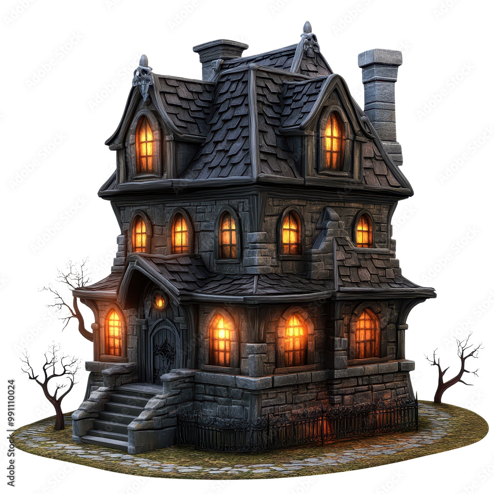 A whimsical, illuminated stone house with a picturesque, eerie design, perfect for Halloween or fairy tale themes., isolated on a transparent background. A whimsical, illuminated stone house with a picturesque, eerie design, perfect for Halloween or fairy tale themes., isolated on a transparent background.