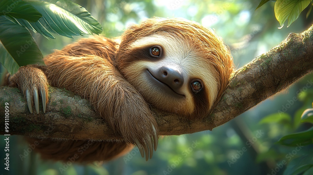 Fototapeta premium A cute sloth clings to a tree branch in a rainforest setting.