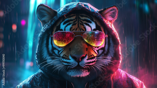 Cool Tiger in a Hoodie with Multicolored Futuristic Sunglasses in Neon Rain City photo