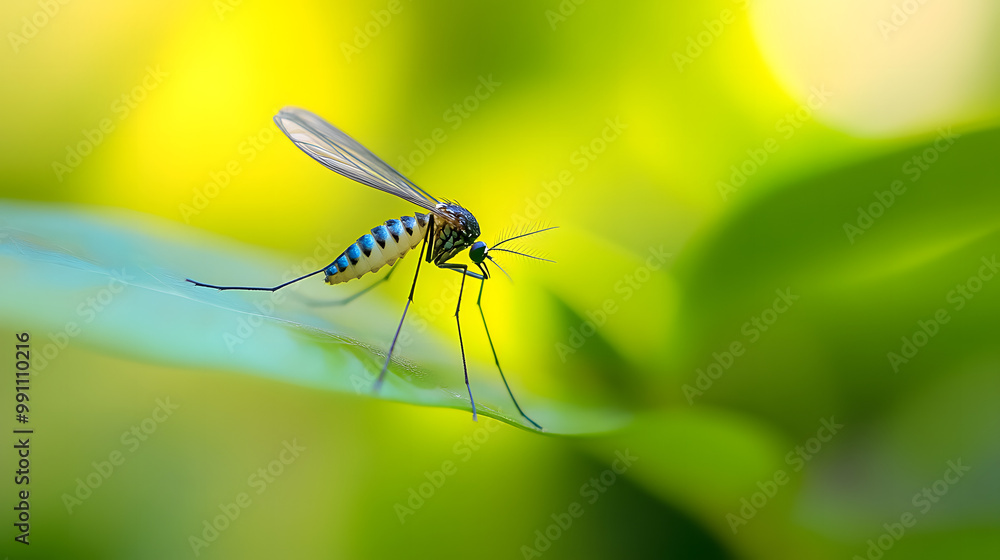 Close-up of mosquito resting on leaf in tropical forest, emphasizing its role in transmitting viruses, shallow depth of field. Close-up of mosquito resting on leaf in tropical forest, emphasizing its role in transmitting viruses, shallow depth of field.