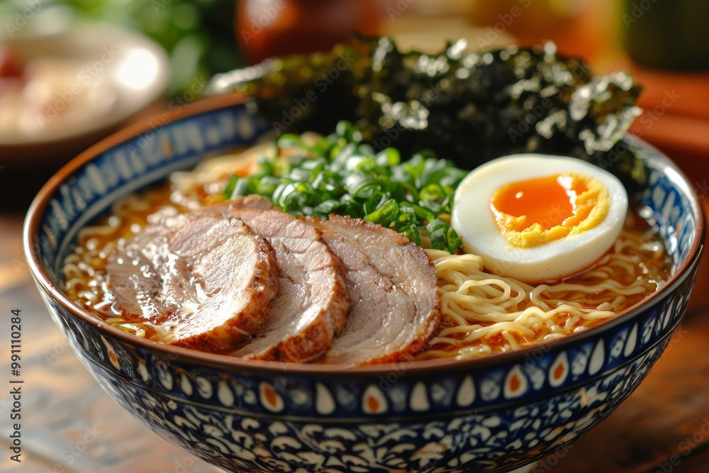 A Bowl of Ramen with Pork, Egg, and Green Onions A Bowl of Ramen with Pork, Egg, and Green Onions