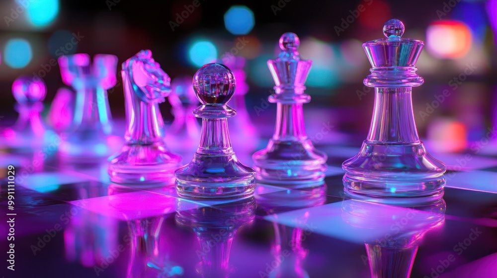 Glass chess pieces on a board under neon lights. Glass chess pieces on a board under neon lights.