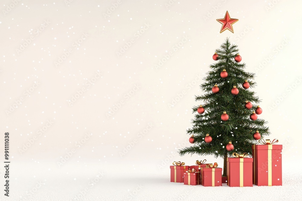 The falling snow and a Christmas tree with a gift box on a white background are rendered in 3D. The falling snow and a Christmas tree with a gift box on a white background are rendered in 3D.
