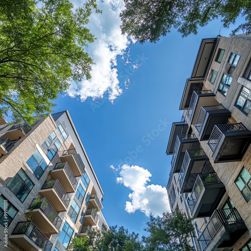 Looking up at luxury apartments with modern housing architecture designs. Flats and condomiums in Austin Texas residential area with bright blue sky background.