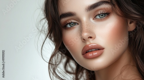 Wallpaper Mural Close-up of a woman's face with natural makeup and freckles, looking at the camera with brown hair. Torontodigital.ca