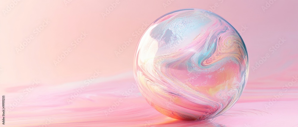 A large, colorful, and shiny ball is sitting on a pink surface A large, colorful, and shiny ball is sitting on a pink surface