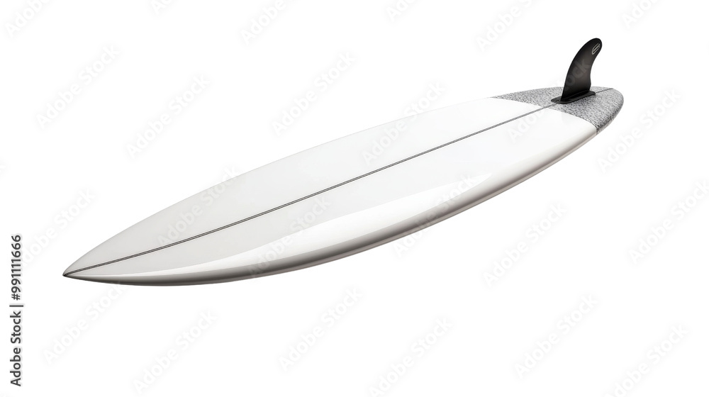 A white surfboard with a black fin A white surfboard with a black fin