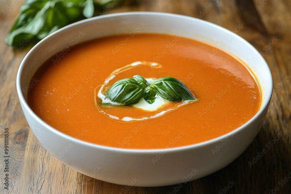 Creamy Tomato Soup with Basil Garnish in White Bowl Creamy Tomato Soup with Basil Garnish in White Bowl