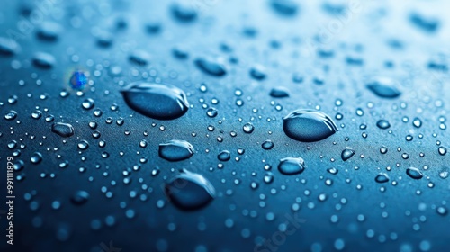 Close-up of Water Droplets on a Smooth Blue Surface with Reflective Light Effects