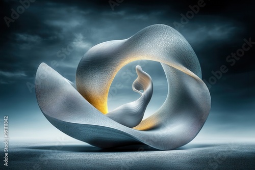 3D abstract background - fluid abstract sculpture with soft curves and glowing center under a moody sky photo