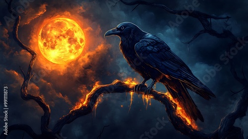 A raven perches on a glowing branch against a backdrop of a fiery moon and stormy clouds.