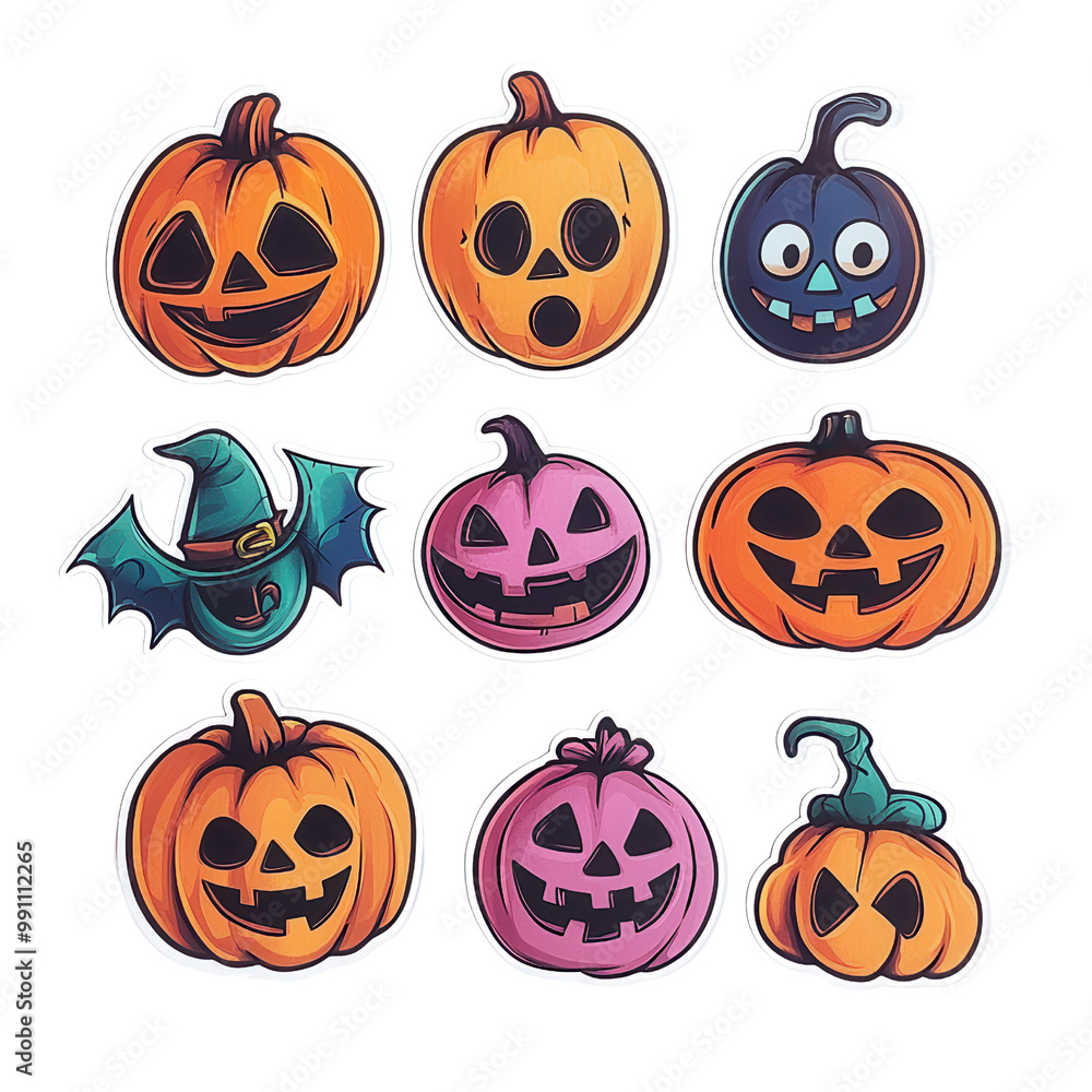 Colorful Halloween pumpkins featuring various spooky faces and designs, perfect for festive decorations and creative projects., isolated on a transparent background. Colorful Halloween pumpkins featuring various spooky faces and designs, perfect for festive decorations and creative projects., isolated on a transparent background.