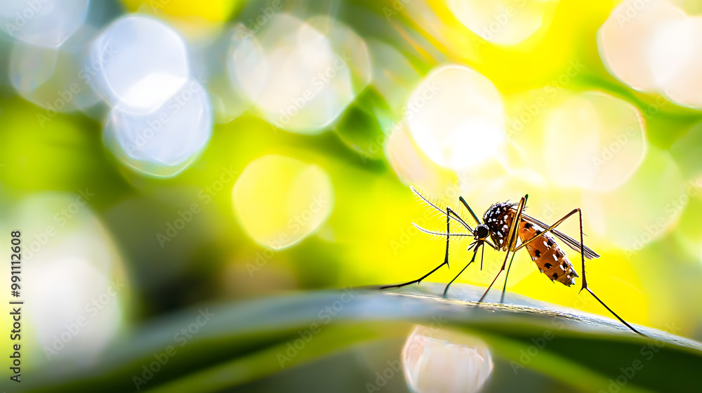Close-up of mosquito resting on leaf in tropical forest, emphasizing its role in transmitting viruses, shallow depth of field. Close-up of mosquito resting on leaf in tropical forest, emphasizing its role in transmitting viruses, shallow depth of field.