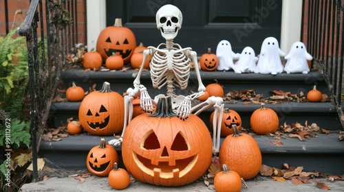 A smiling skeleton sits on a porch with carved pumpkins and ghosts for Halloween.