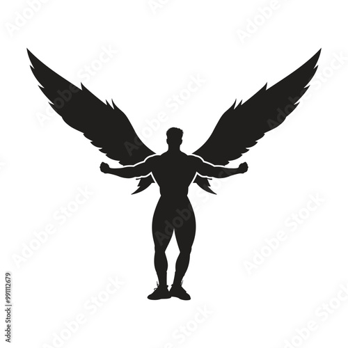 Silhouette of a bodybuilder with outstretched wings, standing in a pose of strength on a white background.