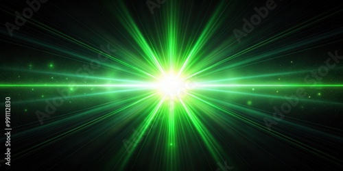 Bright green light beam creating striking lens flare effects in a dark setting , bright, green, light, beam, lens flare