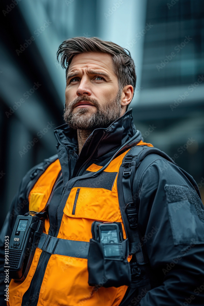 Security guard with a radio clipped to their uniform, monitoring the area and staying in constant communication with the security team Security guard with a radio clipped to their uniform, monitoring the area and staying in constant communication with the security team