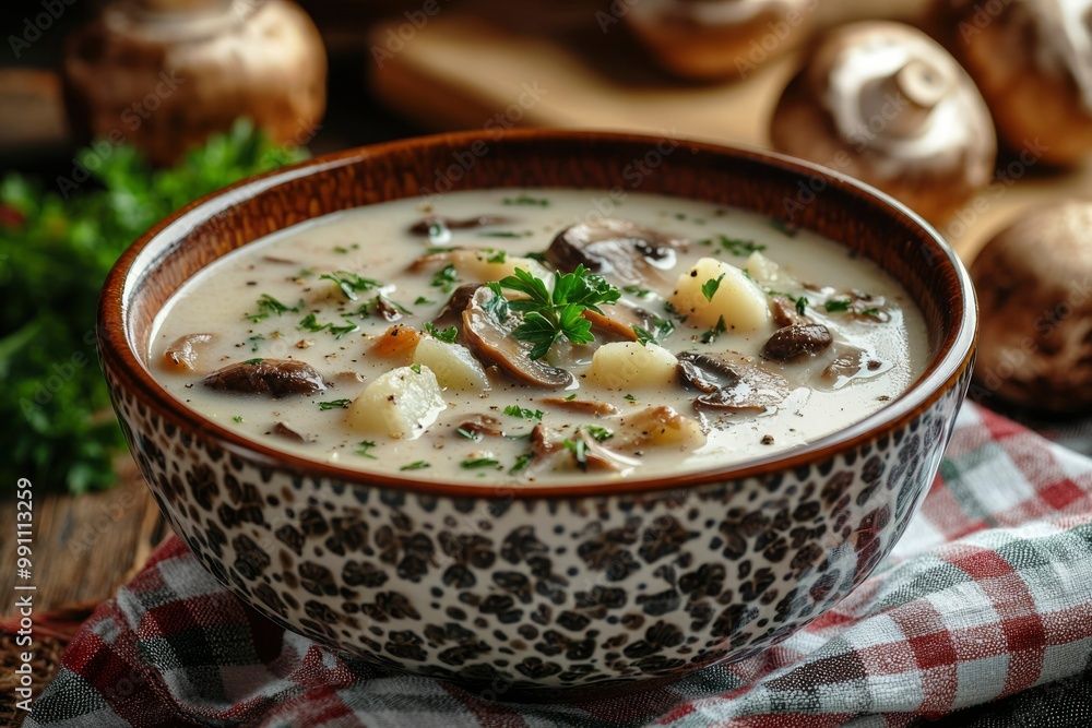 Creamy Mushroom Soup in a Decorative Bowl with Parsley Garnish Creamy Mushroom Soup in a Decorative Bowl with Parsley Garnish