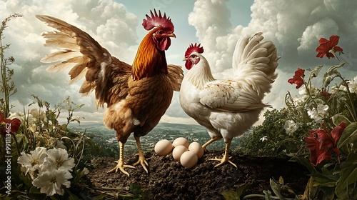 A rooster and hen stand proudly next to four white eggs in a field of flowers. photo