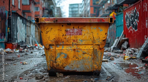 A vibrant yellow dumpster nestled among urban decay, surrounded by graffiti and scattered debris on a cloudy day. Generative AI