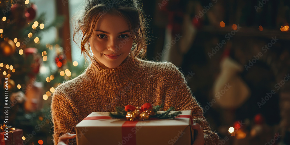 Young girl is opening a day on her advent calendar, excited for christmas and surrounded by the warm glow of christmas lights.Preparing for the holiday. Christmas gifts. Young girl is opening a day on her advent calendar, excited for christmas and surrounded by the warm glow of christmas lights.Preparing for the holiday. Christmas gifts.