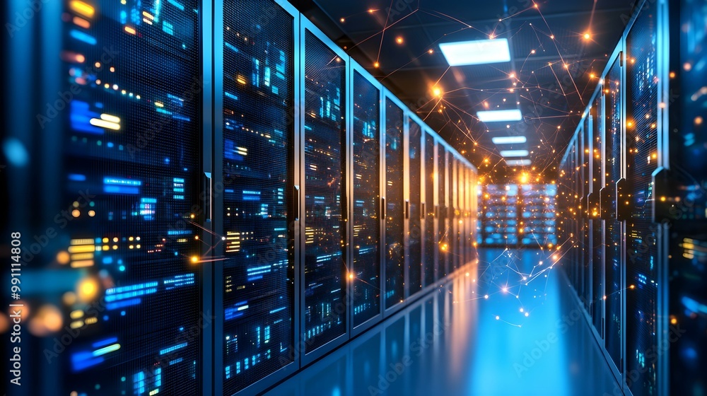 Obraz premium Futuristic data center with illuminated servers and modern technology.