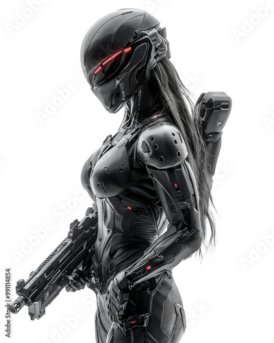 A woman in a black robot suit holding a gun