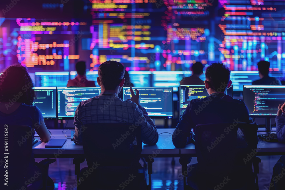 A Hitech office with programmers sitting near a table with laptops. A Hitech office with programmers sitting near a table with laptops.