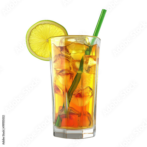 Refreshing iced tea drink with lemon slice and straw, perfect for summer hydration and relaxation in a clear glass with ice.