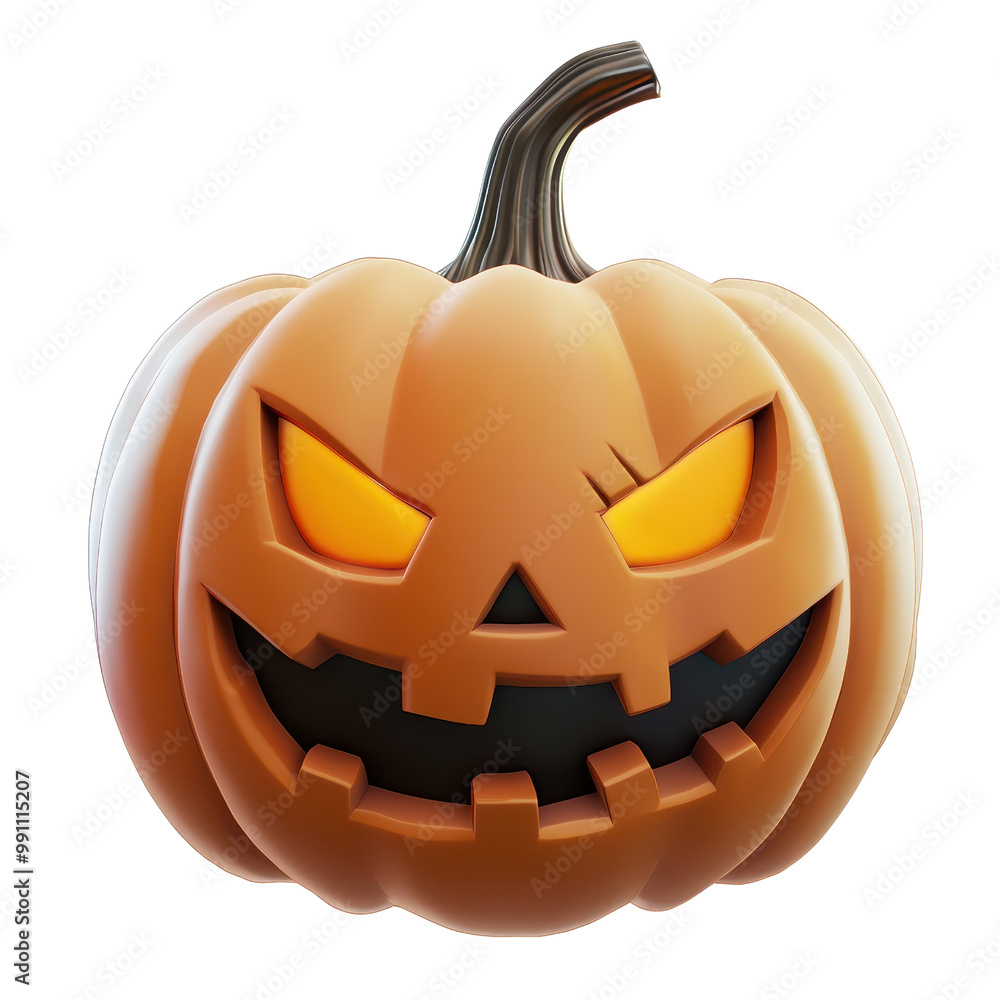 Fototapeta premium Scary Halloween pumpkin with glowing eyes and a menacing grin, perfect for spooky festivities and autumn decoration themes., isolated on a transparent background.