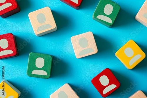 An image of colorful blocks with people icons over a wooden table, a concept for human resources and management